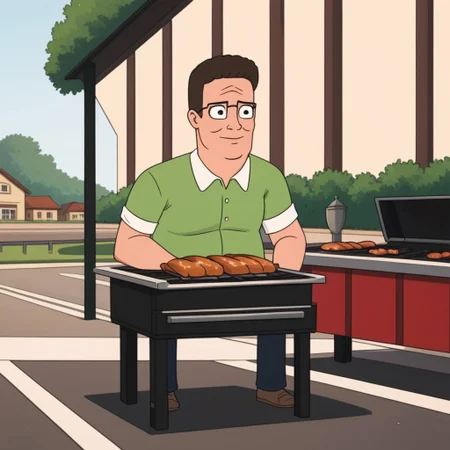 hank hill standing at a barbecue grill, outdoors on a sunny day, ((a giant propane molecule floats in the air)),