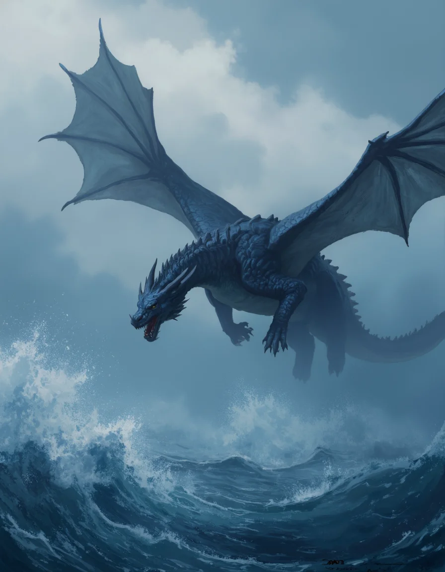 - A majestic dragon king soaring above a raging sea of stormy clouds, ancient, mythical, atmospheric, highly detailed, intense lighting, ethereal, cinematic view, concept art, trending on Artstation, art by Ruan Jia and Greg Rutkowski, epic, powerful, smooth, digital painting