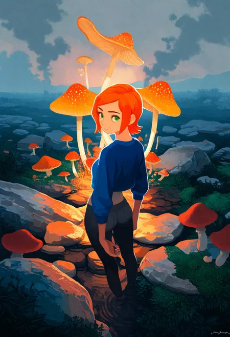(fine fabric emphasis:1.2), masterpiece,best quality,highres,absurdres,best quality,amazing quality,very aesthetic,absurdres, flat color, no lineart, ultraviolet, newest, absurd res, hi res, very awa, female, gwen tennyson (/Ben10)/,(ultra HD quality details), bright orange hair, short hair, (green eyes), slim, solo, looking at viewer, innocent, standing, mushrooms, rocks, moss, highlands, overcast, mist, early morning, dim, ethereal, iridescent, mysterious, cinematic lighting, dramatic,postcard,  (lineart:0.6), high-angle view, watercolor, illustration, vintage, akai sashimi, mucknagabe,