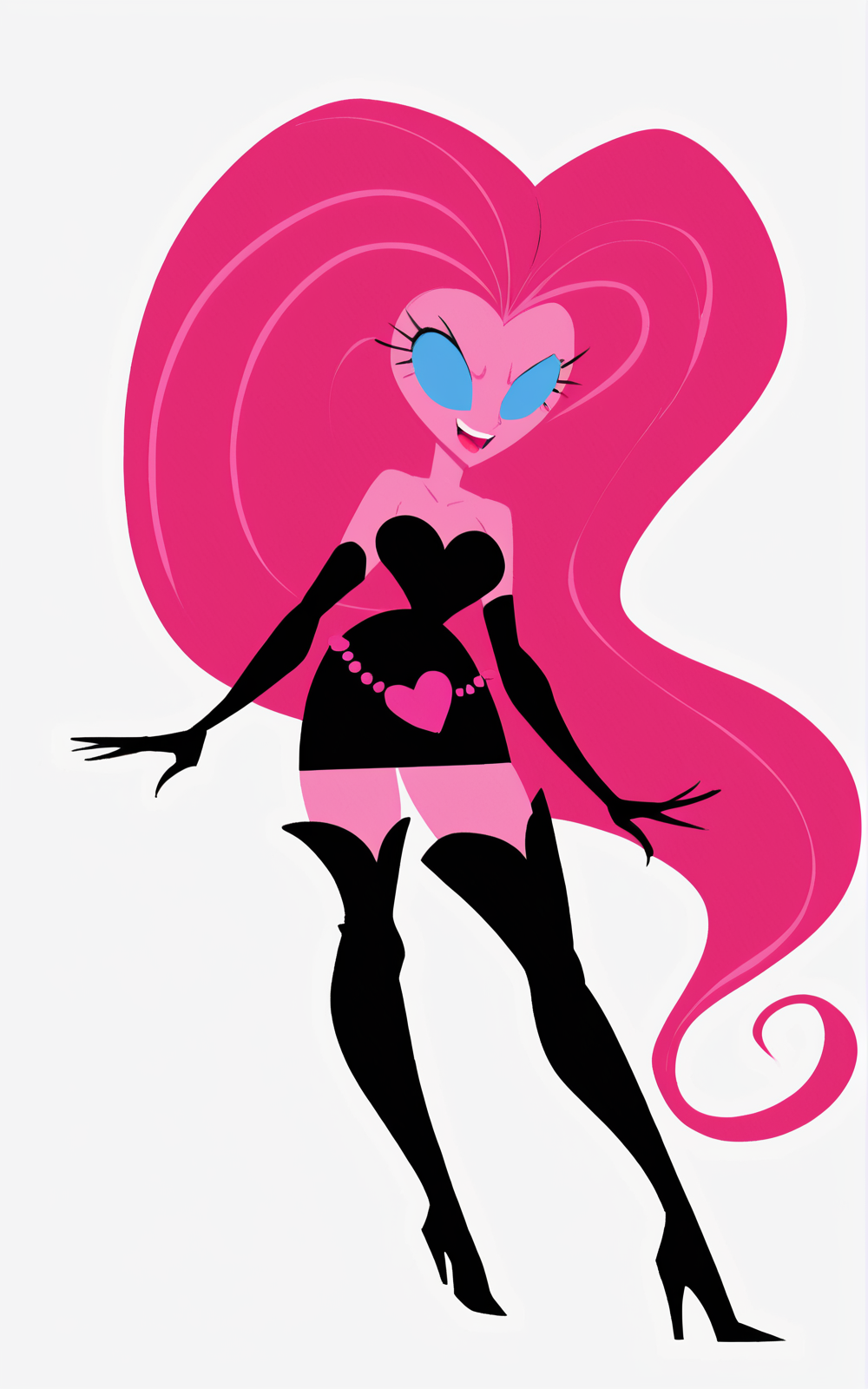 score_9, score_8_up, score_7_up,((best quality)), absurdres, ((full body)), <lora:BolivanteStyle:0.8>,  <lora:NMSTPXL:0.8>,NMSTPXL,elbow gloves, gloves, big hair, long hair, dress, black gloves, boots, black dress, high heels, black footwear, thigh boots, high heel boots, thighhighs, blue eyes, pink skin, short dress, pink hair, bare shoulders,heart,  white background, belt