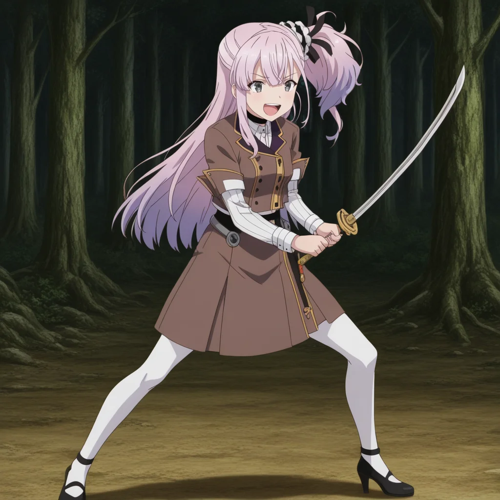Yume Tsubakuro, toji no miko style, 1girl, solo, long hair, pink hair, two-toned hair, purple hair, bangs, hair between eyes, sidelocks, side ponytail, hair ornament, hair ribbon, black ribbon, grey eyes, small breasts, school uniform, choker, brown jacket, shirt, ribbon, short over long sleeves, brown skirt, white pantyhose, black high heels, standing, holding sword, fighting stance, laughing, excited
BREAK
inside forest
BREAK
anime screencap, anime coloring, anime colored background, detailed background, detailed face, shiny skin, shiny hair, absurdes, highres, dynamic pose, masterpiece, best quality, official art, cel shaded, graphic illustration, digital painting, CGI, very detailed, amazing quality, intricate details, dynamic pose, HDR, UHD, 8K, Fineline illustration, Highly detailed, ultra-fine painting, sharp focus, Professional, Vivid Colors <lora:add-detail-xl:1> <lora:DetailedEyes_V3:1> <lora:Toji_no_miko_character_pack_Illustrious:1>