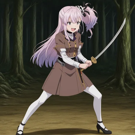 Yume Tsubakuro, toji no miko style, 1girl, solo, long hair, pink hair, two-toned hair, purple hair, bangs, hair between eyes, sidelocks, side ponytail, hair ornament, hair ribbon, black ribbon, grey eyes, small breasts, school uniform, choker, brown jacket, shirt, ribbon, short over long sleeves, brown skirt, white pantyhose, black high heels, standing, holding sword, fighting stance, laughing, excited
BREAK
inside forest
BREAK
anime screencap, anime coloring, anime colored background, detailed background, detailed face, shiny skin, shiny hair, absurdes, highres, dynamic pose, masterpiece, best quality, official art, cel shaded, graphic illustration, digital painting, CGI, very detailed, amazing quality, intricate details, dynamic pose, HDR, UHD, 8K, Fineline illustration, Highly detailed, ultra-fine painting, sharp focus, Professional, Vivid Colors <lora:add-detail-xl:1> <lora:DetailedEyes_V3:1> <lora:Toji_no_miko_character_pack_Illustrious:1>