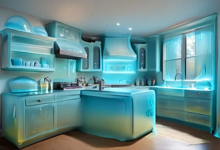 hud_mdrn_kitc, No humans, kitchen, scenery, indoors, modern kitchen made out of slime, appliances made out of slime, cabinets made out of slime, neutral colors, earthy tones,
natural light, no bright spots, (((wood colored slime))), (((slime colored with earth tones))), (((not blue slime))),
((translucent slime)), ((transparent slime)), made of water, (bioluminescent slime), sl1m3, slime, slime-morph, ais-blmn, saturated colors, no creatures, no humans, no monsters, no pokemon, scenery only, scenery, ral-lava, watce, je11y, gummymorph,