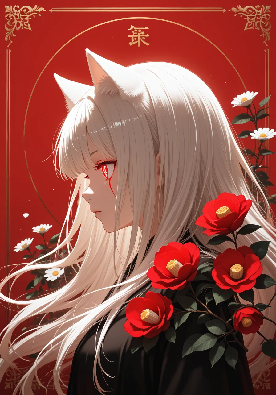 masterpiece, best quality, good quality,
1girl, bangs, camellia, daisy, flag_background, flower, from_side, cat ears, profile, red_background, red_border, red_eyes, red_flower, red_rose, red_theme, short_hair, simple_background, solo, flowing hair, glowing red electric eye, (fierce), white_flower, white_hair, style of Bourgeois, angular, an album cover, purism