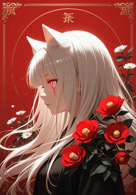 masterpiece, best quality, good quality,
1girl, bangs, camellia, daisy, flag_background, flower, from_side, cat ears, profile, red_background, red_border, red_eyes, red_flower, red_rose, red_theme, short_hair, simple_background, solo, flowing hair, glowing red electric eye, (fierce), white_flower, white_hair, style of Bourgeois, angular, an album cover, purism