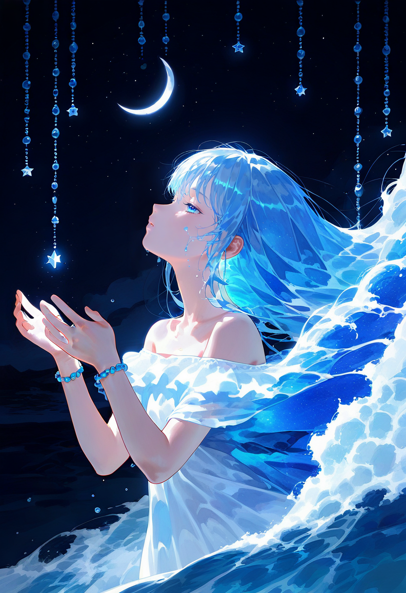 1girl,original,bead curtain,black background,blue eyes,blue hair,crescent moon,floating hair,from side,glowing,liquid hair,long hair,moon,parted lips,profile,sidelocks,solo,starry moon,surreal,tree,upper body,very long hair,wave print,waves,crescent,off shoulder,collarbone,night,looking up,half-closed eyes,white dress,dress,sky,floating clothes,cloud,water,eyelashes,blue theme,starry sky,star \(sky\),water drop,blue background,night sky,bare shoulders,star \(symbol\),light particles,off-shoulder dre,liquid clothes,bracelet,jewelry,hands up,bead bracelet <lora:nyaliaXL_NBVP1_lokr_V6311PZ:0.95>