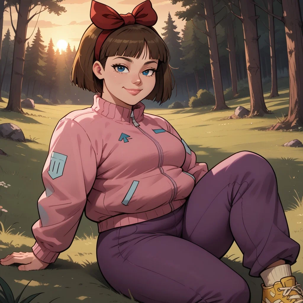 score_9, score_8, BREAK, solo, brown hair, hair bow, lips, pink jacket, dark purple pants, socks, yellow sneakers, plump, breasts, total drama, Staci_(Total_Drama), tdroti, cute, sexy pose, smile, outdoors, sunlight, shadows, evening lighting, natural lighting, forest, trees, grass, orange sky, sunset