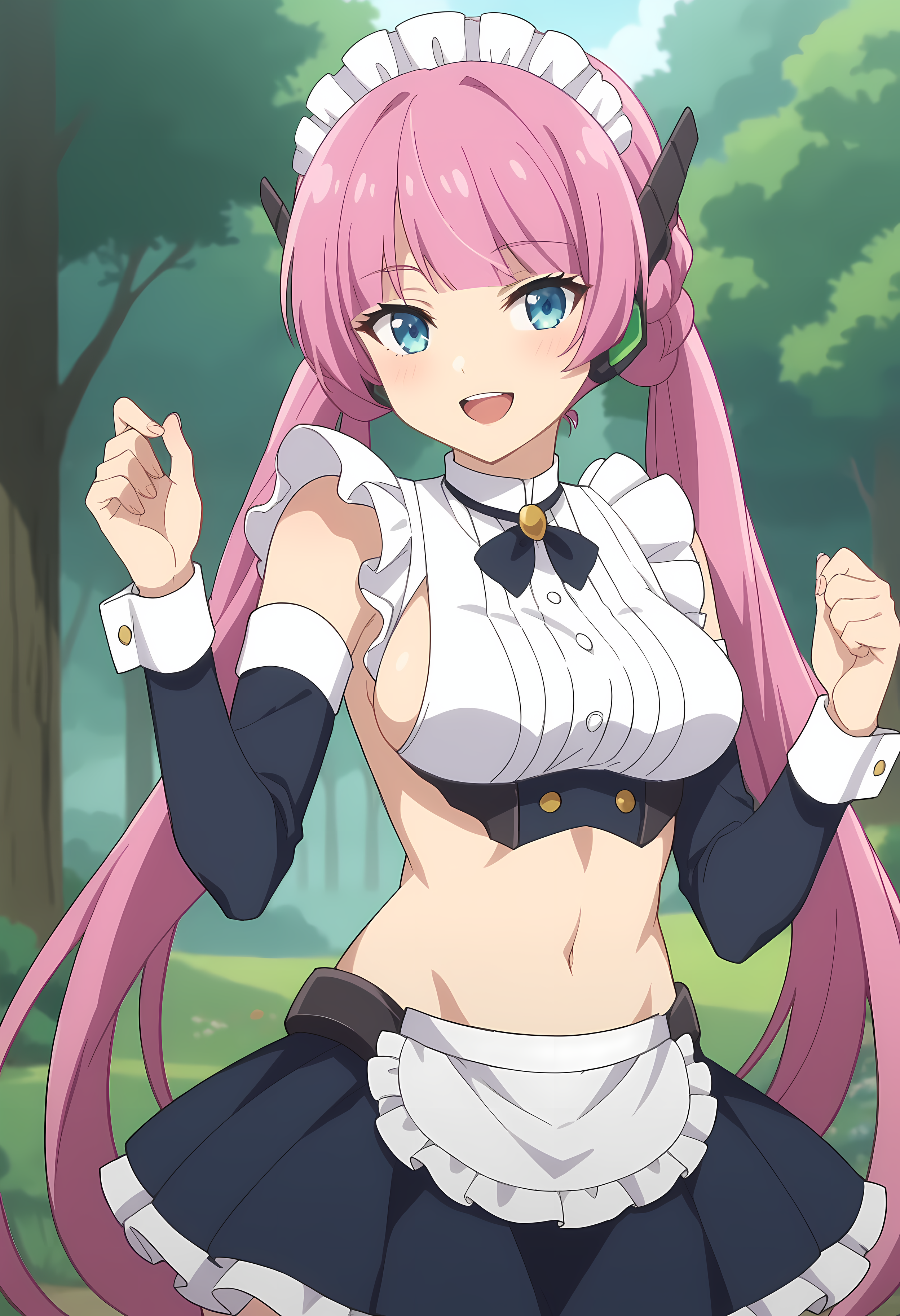 score_9, score_8_up, score_7_up, source_anime, 2d, Rose, 1girl, pink hair, long hair, twintails, blue eyes, robot earmuffs, maid hat, maid outfit, sideboobs, anime coloring, anime screencap, detailed eyes, zPDXL, perfect faces, uncensored, rating_explicit,  <lora:rose_0-000023:1> hands up, smile, open mouth, forest,