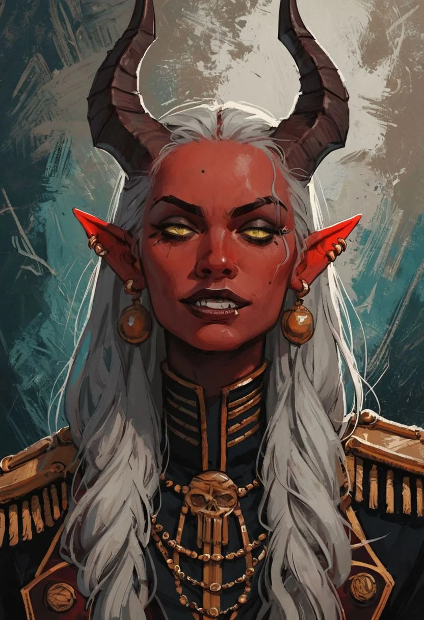 score_9, score_8_up, score_8, score_7_up, score_7, score_6_up, score_6, score_5_up, girl, A striking female Tiefling pirate, she flaunts her devilish charm with a mischievous grin. Her crimson skin contrasts with her intricately ornate coat, worn provocatively with nothing beneath. The coat, made of dark velvet, features golden embroidery of nautical motifs—anchors, waves, and sea creatures—intertwined with infernal symbols. Jeweled buttons and silver-threaded epaulettes add a touch of opulence. The high collar and wide lapels frame her face, emphasizing her sharp horns and piercing eyes, exuding both menace and allure.