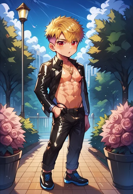score_9, score_8_up, score_7_up, score_6_up, masterpiece, uncensored, best quality, amazing quality, best aesthetic, absurdres, intricate details, source_anime, yaoi, gay, full body BREAK 1boy, 18 years old, blonde hair, pixie cut, red eyes, pecs, nipples, black blazer, revealing clothes, black leather shoes, black pants, necklace BREAK dynamic pose BREAK outdoors, park, flower, pink rose, Sunset, ch3b3sq4at