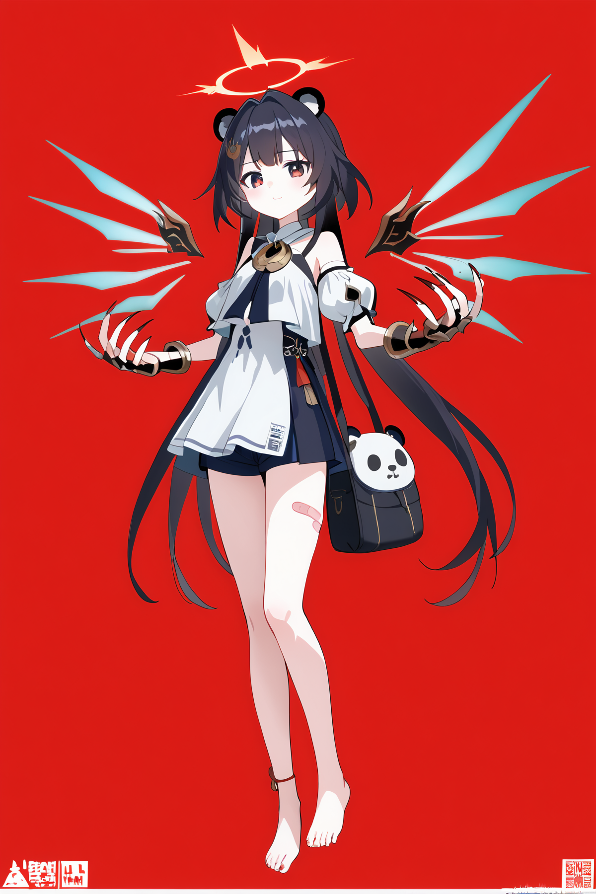 score_9, score_8_up, score_7_up, score_anime, 8k, best quality, masterpiece, (ultra-detailed), 
<lora:yunli-pony-Tanger-000014:0.7>, yunli, default clothes, 1girl, solo, barefoot, dress, jewelry, 
jijia, 2d, anime, 1girl, bandaid, halo, red background, long hair, solo, bandaid on leg, bag, barcode,   socks, looking at viewer, full body, claws, bangs, wings, very long hair, shorts, an anime character with a panda on her arm, this is a drawing of a anime girl with different outfits, <lora:jijia-pony-Tanger-000006:0.6>,