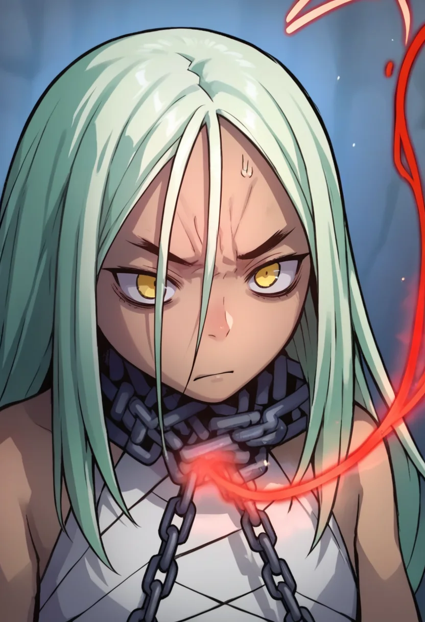 score_9, score_8_up, score_7_up, solo, , <lora:add-detail-xl:3>,
BREAK
<lora:Gyu_Soha:0.8>, gs, yellow eyes, green hair, long hair, dark skin, bandages clothes, multiple chains, bandages, chain, red string,
BREAK
solo, upper body, annoyed,