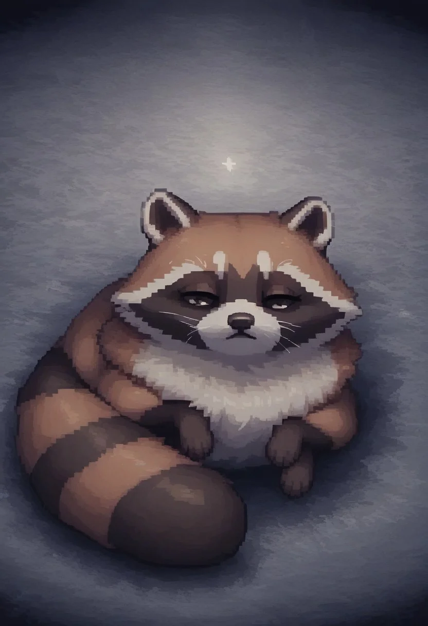 (easynegative:0.2 ) raccoon, feral, puffy, lying on his stomach, two-tone body, round, lazy, , sleepy, half closed eyes, , shuuko, light colors, bright colours, cute, pixelart, pixel,