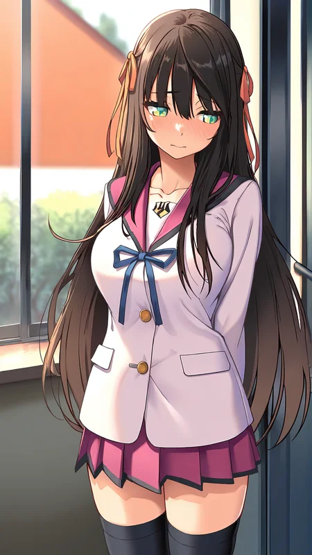 amazing quality,absurdres,best quality,masterpiece,highres,newest,detailed,detailed body,detailed face,masterpiece,best quality,solo,
mayumi,1girl,solo,green eyes,skirt,long hair,school uniform,ribbon,zettai ryouiki,hair ribbon,black thighhighs,brown hair,pleated skirt,<lora:mayumi:1>,