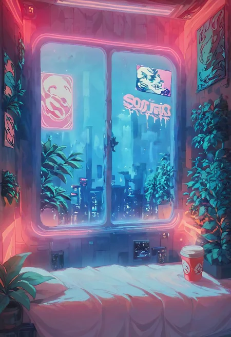 score_9,score_8_up,score_7_up,score_6_up, 
steaming coffee cup on windowsill, plants on the windowsill, wall of plants, monstera plant, large plant, tidy bedrrom, small room, cramped bedroom, teddies on the bed, cyberpunk city view out of the window, neon light, purple neon lights, posters, posters on the wall, anime posters, lewd posters, neon posters