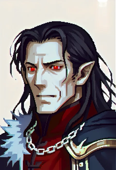 score_9, score_8_up, score_7_up BREAK <lora:clamStrahdPDXL_v20:1> 1boy, strahd, colored skin, pale skin, pointy ears, long hair, black hair, red eyes, high collar, black cape, cloak chain, red doublet, shoulder armor, fur trim, <lora:zs_FEGBAPortraitsXL:1> fegbaportraits, portrait, white background