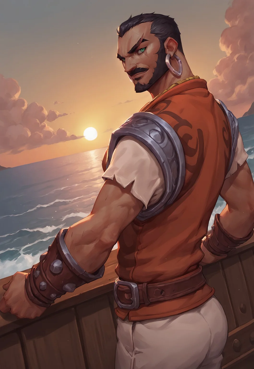 score_9, score_8_up, RafenLol, green eyes, hoop earrings, short hair, black hair, scar across left eye, necklace, muscular, facial hair, mustache, shirt, vest, detailed background, dynamic pose, upper body, harbor, ship, sea, clouds, looking at viewer, smile, dutch angle, sunset, side view, bracers, belt, leaning on ship railing, arched back,