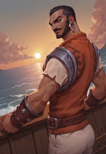 score_9, score_8_up, RafenLol, green eyes, hoop earrings, short hair, black hair, scar across left eye, necklace, muscular, facial hair, mustache, shirt, vest, detailed background, dynamic pose, upper body, harbor, ship, sea, clouds, looking at viewer, smile, dutch angle, sunset, side view, bracers, belt, leaning on ship railing, arched back,