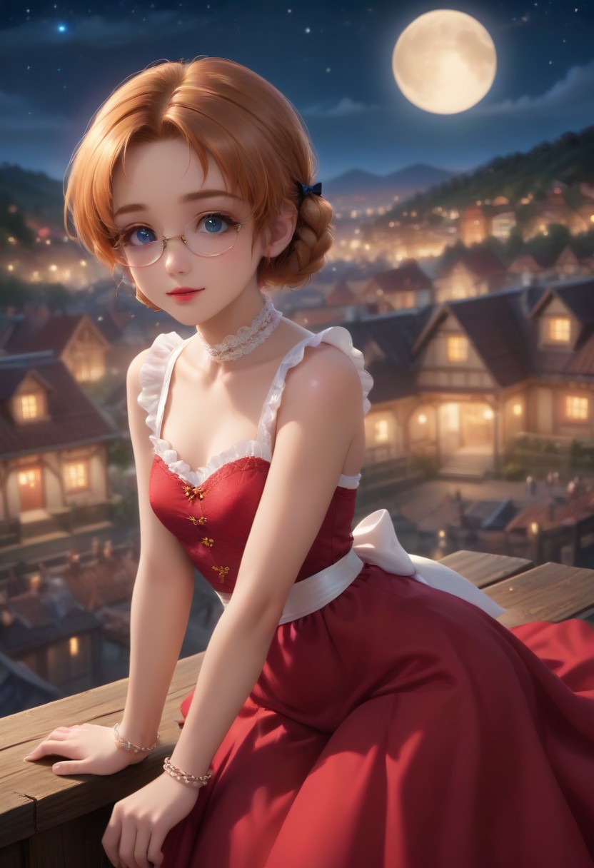 score_9, score_8_up, score_7_up, masterpiece, illustration, the best quality, ((solo)), 1girl, beautiful tender 18 years, lipstic, eyewear, small chest, small ass,
Sexy pose, seductive smile, 
orange pekoe (girls und panzer), 1girl, braid, short hair, orange hair, blue eyes, parted bangs, twin braids, hair bow, glasses,
Luxurious, beautiful, luxurious gothic dress, red dress (lace, white frills white belt), luxurious jewels, white lace choker, bracelet
Night, stars, only one Moon, 
 on rooftop, on top of medieval town, night time,
dynamic angle, cowboy shot, dynamic pose, cute, realistic, wide shot, view legs