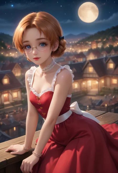 score_9, score_8_up, score_7_up, masterpiece, illustration, the best quality, ((solo)), 1girl, beautiful tender 18 years, lipstic, eyewear, small chest, small ass,
Sexy pose, seductive smile,
orange pekoe (girls und panzer), 1girl, braid, short hair, orange hair, blue eyes, parted bangs, twin braids, hair bow, glasses,
Luxurious, beautiful, luxurious gothic dress, red dress (lace, white frills white belt), luxurious jewels, white lace choker, bracelet
Night, stars, only one Moon,
on rooftop, on top of medieval town, night time,
dynamic angle, cowboy shot, dynamic pose, cute, realistic, wide shot, view legs