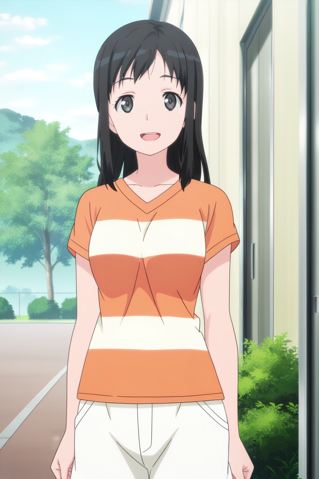 anime screenshot, touno kyouko, 1girl, solo, black hair, long hair, black eyes, medium breasts, orange shirt, striped shirt, t-shirt, short sleeves, white shorts, looking at viewer, smile, open mouth, cowboy shot, outdoors, masterpiece, best quality, high quality, highres, absurdres, <lora:touno_kyouko_ILXL:0.9>