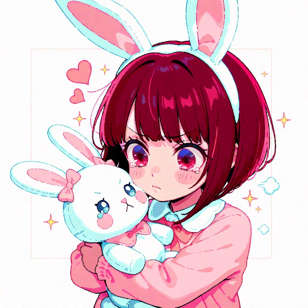 masterpiece, best quality, amazing quality, very aesthetic, high resolution, ultra-detailed, absurdres, newest, AgeRegression, 1girl, baby, toddler, arima kana, pouting, tears, cute, holding, hugging, bunny plushie, stuffed toy, stuffed animal, minimalistic, cute, simple, pastel colours, limited palette, medium shot, hearts, stars, sparkles, white line, graphic line, solid white line surrounding character