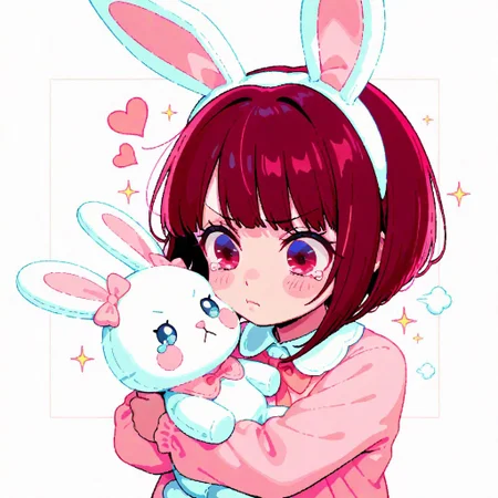masterpiece, best quality, amazing quality, very aesthetic, high resolution, ultra-detailed, absurdres, newest, AgeRegression, 1girl, baby, toddler, arima kana, pouting, tears, cute, holding, hugging, bunny plushie, stuffed toy, stuffed animal, minimalistic, cute, simple, pastel colours, limited palette, medium shot, hearts, stars, sparkles, white line, graphic line, solid white line surrounding character
