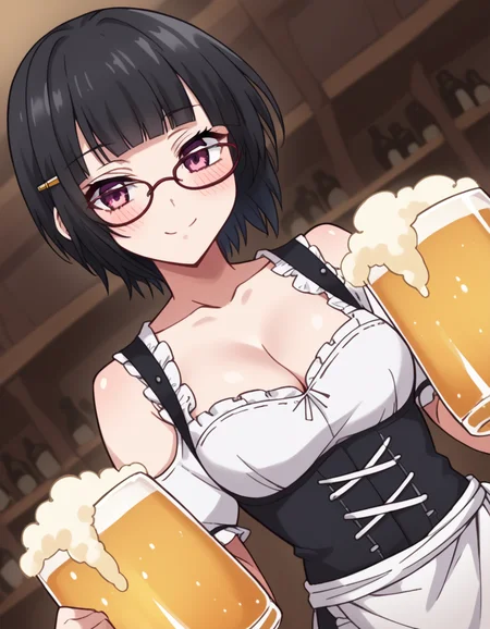 score_9, score_8_up, score_7_up, source_anime, <lora:souna-sitri-s1-ponyxl-lora-nochekaiser:1>, souna sitri, short hair, black hair, hair ornament, glasses, hairclip, bangs, blunt bangs, purple eyes, medium breasts, <lora:dirndl-ponyxl-lora-nochekaiser:1>, dirndl, german clothes, beer mug, collarbone, cleavage, beer, underbust, waist apron,, indoors, bar, smile, blush,, , cowboy shot, dutch angle,