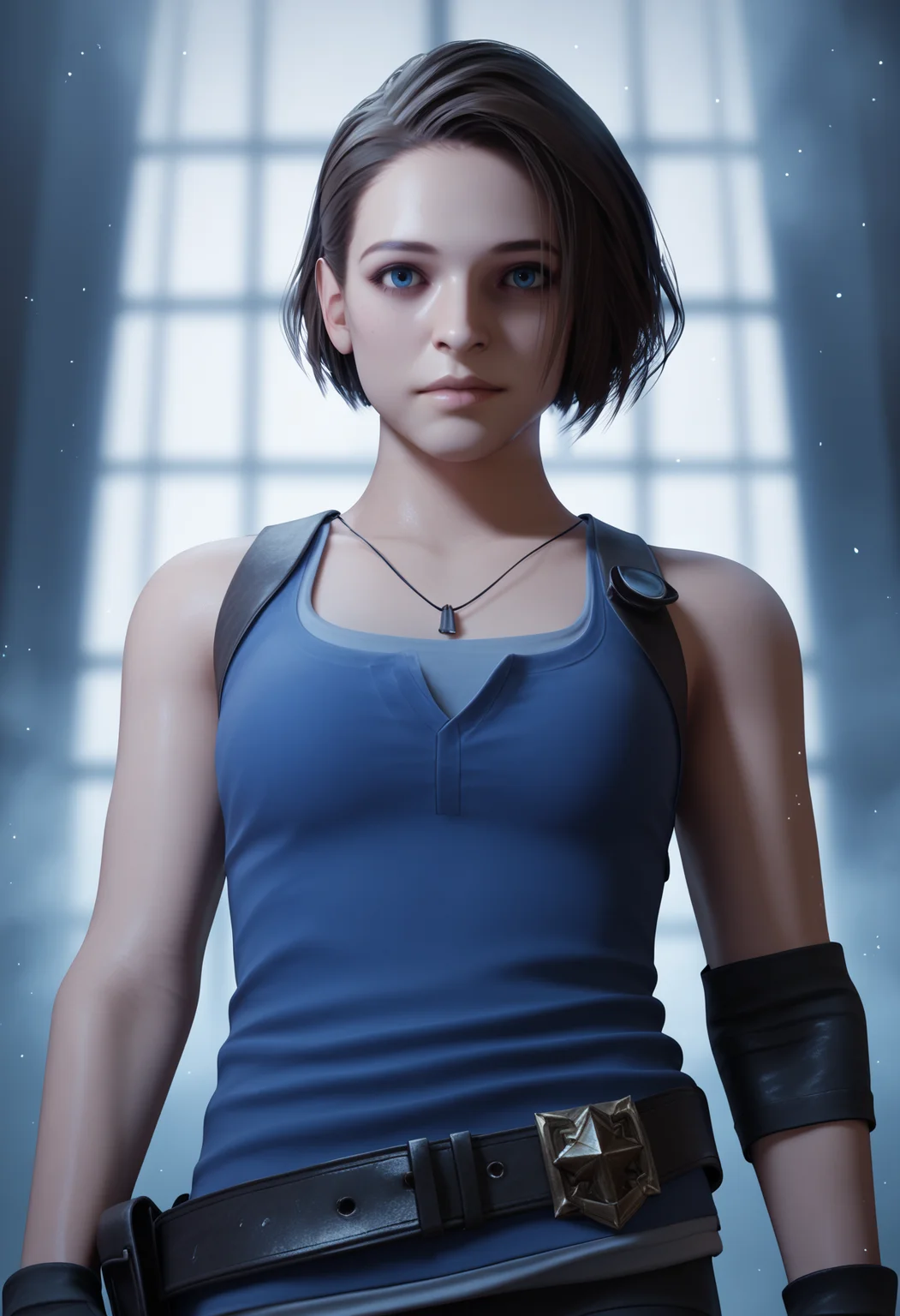 score_9,score_8_up,score_7_up,uncensored BREAK realistic,render,blender \(medium\),
1girl, jivalent, brown hair, short hair, blue eyes,
belt, fingerless gloves, pants, blue tank top, thigh holster,
solo, looking at viewer, upper body, fog, dark background, particles, bokeh, indoors, haunted house background, dark, contrast <lora:JillValentineXL_byKonan:1>