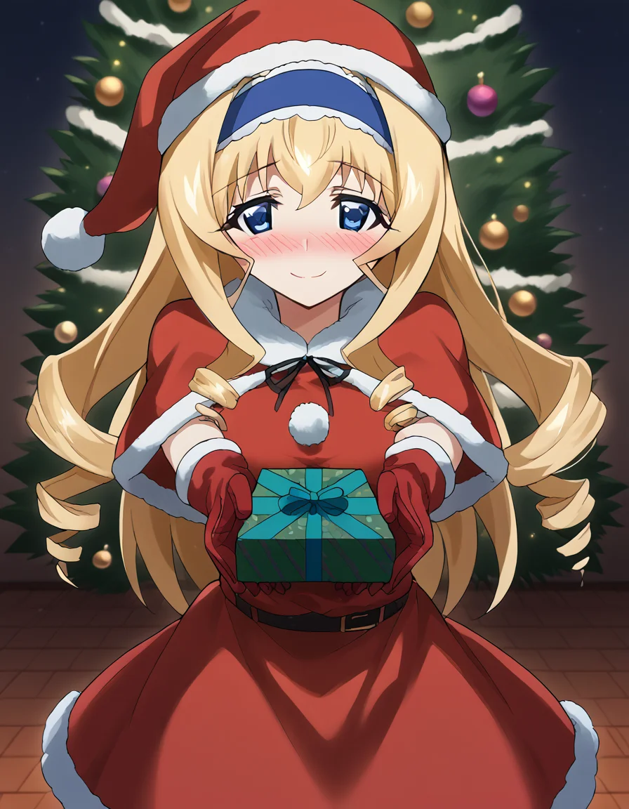 score_9, score_8_up, score_7_up, source_anime, <lora:cecilia-alcott-s2-ponyxl-lora-nochekaiser:1>, cecilia alcott, long hair, blue eyes, blonde hair, hairband, drill hair, blue hairband, large breasts,, <lora:santa-costume-ponyxl-lora-nochekaiser:1>, santa costume, santa hat, christmas, sack, merry christmas, gift, fur-trimmed headwear, holding sack, santa dress, fur-trimmed dress, christmas tree, christmas tree, fur trim, red capelet, gift box, red gloves, fur-trimmed capelet, santa gloves, red hat, hat,, smile, blush, looking at viewer, <lora:incoming-gift-ponyxl-lora-nochekaiser:1>, incoming gift, outstretched arms, holding, holding gift, gift, gift box,,
