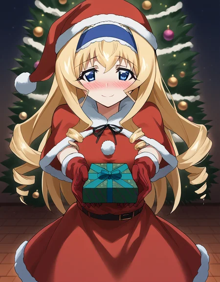 score_9, score_8_up, score_7_up, source_anime, <lora:cecilia-alcott-s2-ponyxl-lora-nochekaiser:1>, cecilia alcott, long hair, blue eyes, blonde hair, hairband, drill hair, blue hairband, large breasts,, <lora:santa-costume-ponyxl-lora-nochekaiser:1>, santa costume, santa hat, christmas, sack, merry christmas, gift, fur-trimmed headwear, holding sack, santa dress, fur-trimmed dress, christmas tree, christmas tree, fur trim, red capelet, gift box, red gloves, fur-trimmed capelet, santa gloves, red hat, hat,, smile, blush, looking at viewer, <lora:incoming-gift-ponyxl-lora-nochekaiser:1>, incoming gift, outstretched arms, holding, holding gift, gift, gift box,,
