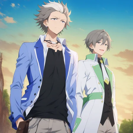 <lora:Takuma_Seiya>,masterpiece,high score,great score,absurdres,2boys,multiple boys,(grey eyes:1.1),sky,day,
(takuma kibakura:1.1),hair slicked back,jewelry,blazer,chain,necklace,shirt,black shirt,grey pants,belt chain,belt pouch,
seiya kibakura,necktie,smile,cloud,open mouth,outdoors,pants,looking at viewer,black shirt,standing,coat,white-green coat,blurry,white-yellow necktie,