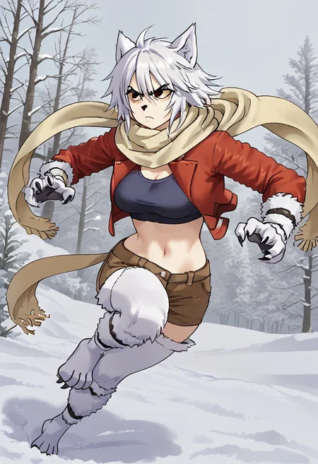 flake, wolf ears, animal hands, animal feet, white hair, red jacket, cropped top, brown shorts, scarf, serious, dynamic pose, snow, outdoor