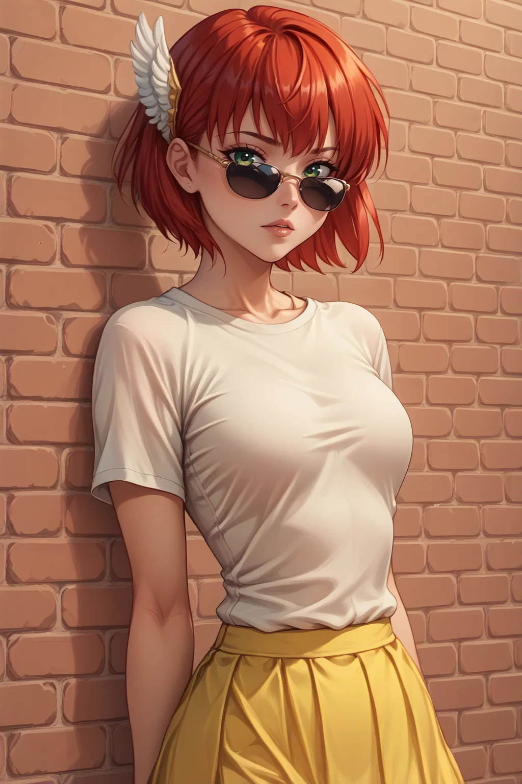 score_9, score_8_up, score_7_up, BREAK <lora:NSPriscillaFE7:1> NSPriscillaFE7, red hair, short hair, wing hair ornament, white t-shirt, yellow skirt, sunglasses, brick wall, parted lips, green eyes