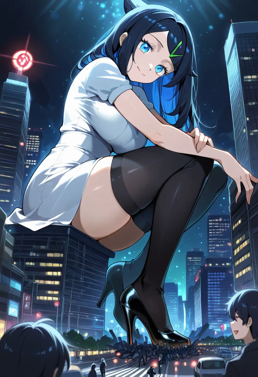 score_9, score_8_up, score_7_up,source_anime, 1girl, adult, women, aaliko, long hair, black hair, colored inner hair, hairclip, blue eyes, dress, black thighhighs, high heels, eyelashes, big breasts, (facial expression, amused, light smile, head tilt, soft eyes), dreamlike atmosphere, glowing edges, mystical, high contrast, ethereal light, light particles, gl0w, glow, detailed eyes, high definition eyes, blurry foreground, in city, tiny people, giantess, masterpiece, best quality, absurdres, ultra detailed, side view,