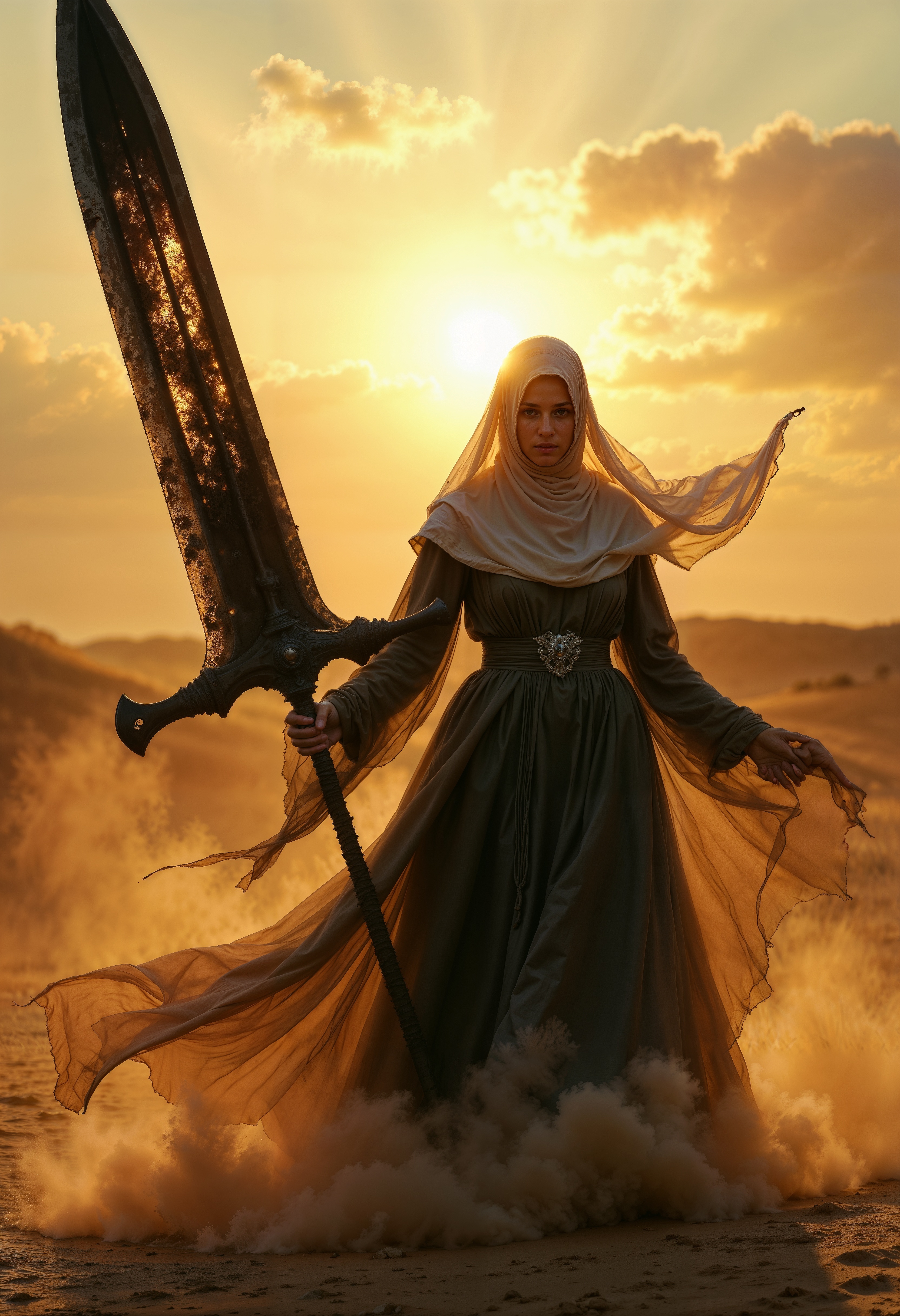 A powerful nun wielding a massive, old, and rusty sword resembling the iconic one from Final Fantasy. The scene is set during an eerie sundawn, where swirling dust and wind cause her translucent nun's habit to billow dramatically. The setting evokes a sense of mystique and tension. The nun stands tall, the rusted sword adding a gritty, ominous vibe. The sun's orange and gray hues blend into the sky as her tattered habit flutters. The atmosphere is cinematic, with hyper-realistic detail, soft shadows, and an intense, otherworldly mood in a desolate desert landscape.  <lora:FluxMythR3alisticF:1> R3alisticF