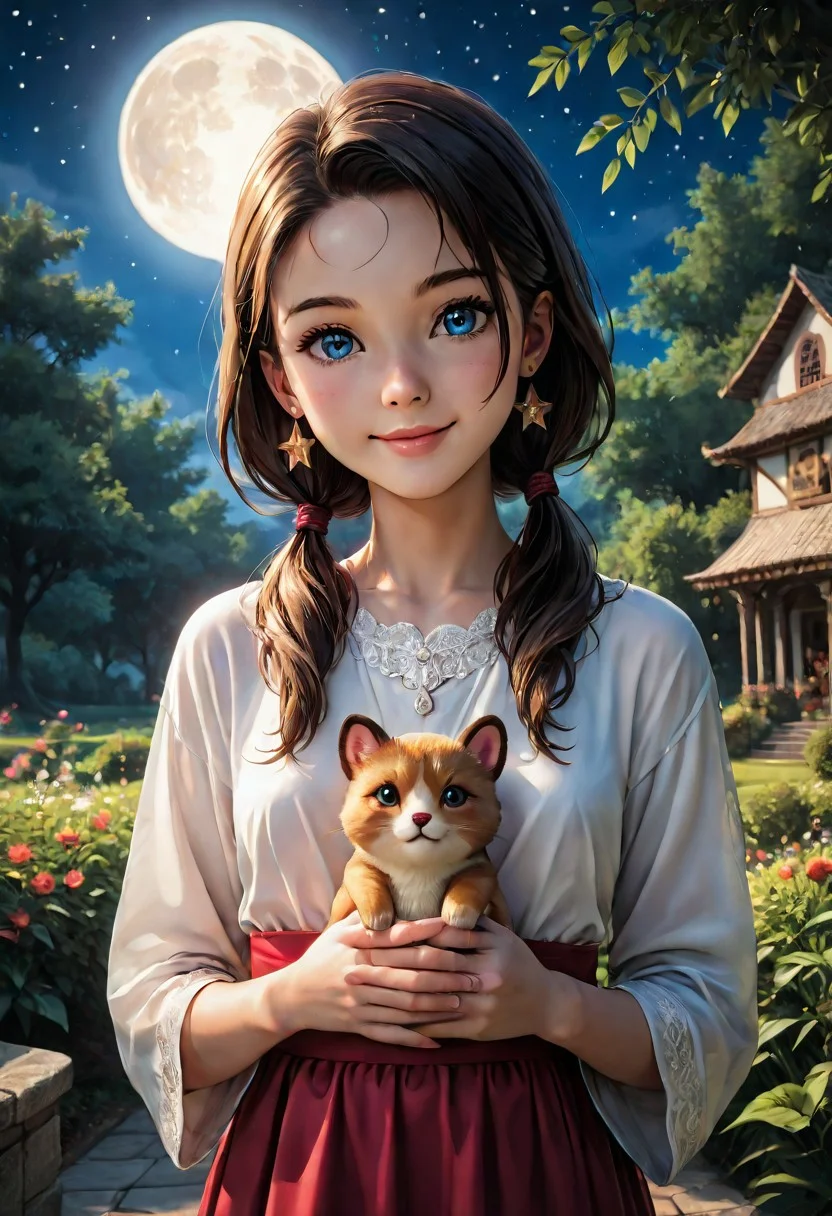 (masterpiece:1.5), 8k, best quality, ultra-detailed, (high res), cinematic lighting, beautiful lighting, high quality, studio quality, detailed, insanely detailed, extreme detail, refined detail, perfect detail, max detail, smooth lighting, detailed background, hyper detailed body, beautiful lighting, vibrant lighting, global illumination, absurdres, high-res, dynamic lighting, score_9, score_8_up, score_7_up, ponypositive, 50 girl, looking at viewer, (narrow waist, skinny, small body, slim), (outdoors, floral garden), bright lighting, daylight, sunshine, cute, kawaii, (closed mouth), happy, ((standing)), alone, gleaming eyes, large eyes, ((cowboy shot)), (hands at the sides), (rating_safe, sfw), source anime, <lora:xl_more_art-full_v1:0.8> , PonyXLV6_Scores, unity 8k wallpaper, perfect anatomy, <lora:PerfectEyesXL:1> , perfect eyes, <lora:hand 5.5:1> , perfect hands, detailed hands, winnie, furry female, brown fur, blue eyes, low twintails, earrings, chibi, night, starry skies, moonlight, large Moon,