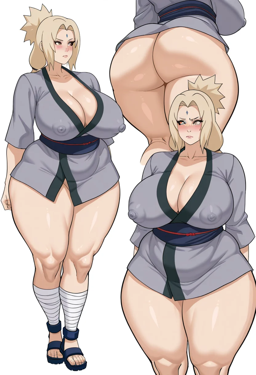 masterpiece, best quality, uncensored,
<lora:cyberboi:1> c1b3rb01, 1girl, breasts, blush, blonde hair, large breasts, simple background, white background, cleavage, ponytail, ass, thighs, japanese clothes, kimono, huge breasts, covered nipples, multiple views, bandages, thick thighs, sandals, curvy, wide hips, plump, mature female, kneepits, tsunade (naruto)