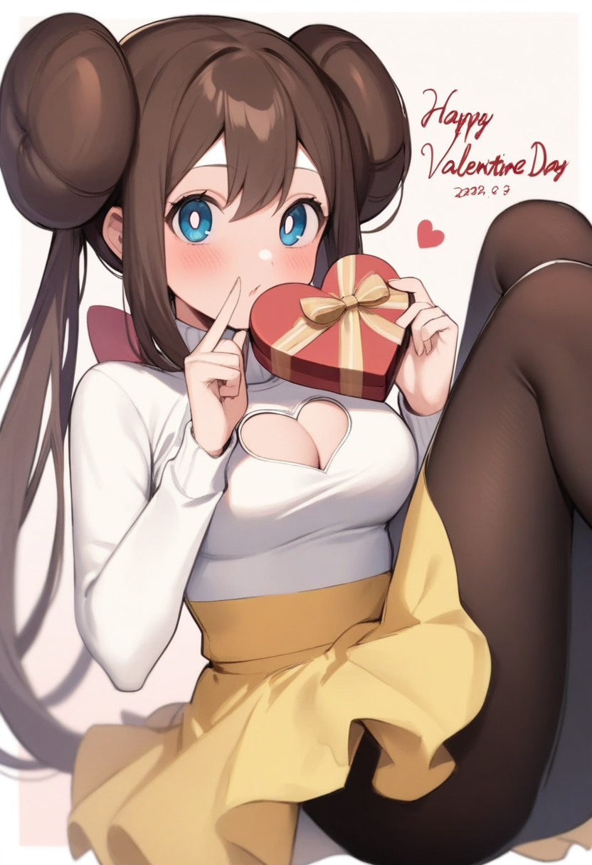 masterpiece,best quality,very aesthetic,absurdres,<lora:rosa_(pokemon):1>,rosa_\(pokemon\), sidelocks, turtleneck_sweater, gift_box, heart_cutout, yellow_skirt, dated, blush, 1girl, solo, heart-shaped_box, adapted_costume, white_pupils, index_finger_raised, pantyhose, white_sweater, cleavage_cutout, happy_valentine, commentary_request, hands_up, bad_twitter_id, double_bun, bad_id, long_sleeves, holding_gift