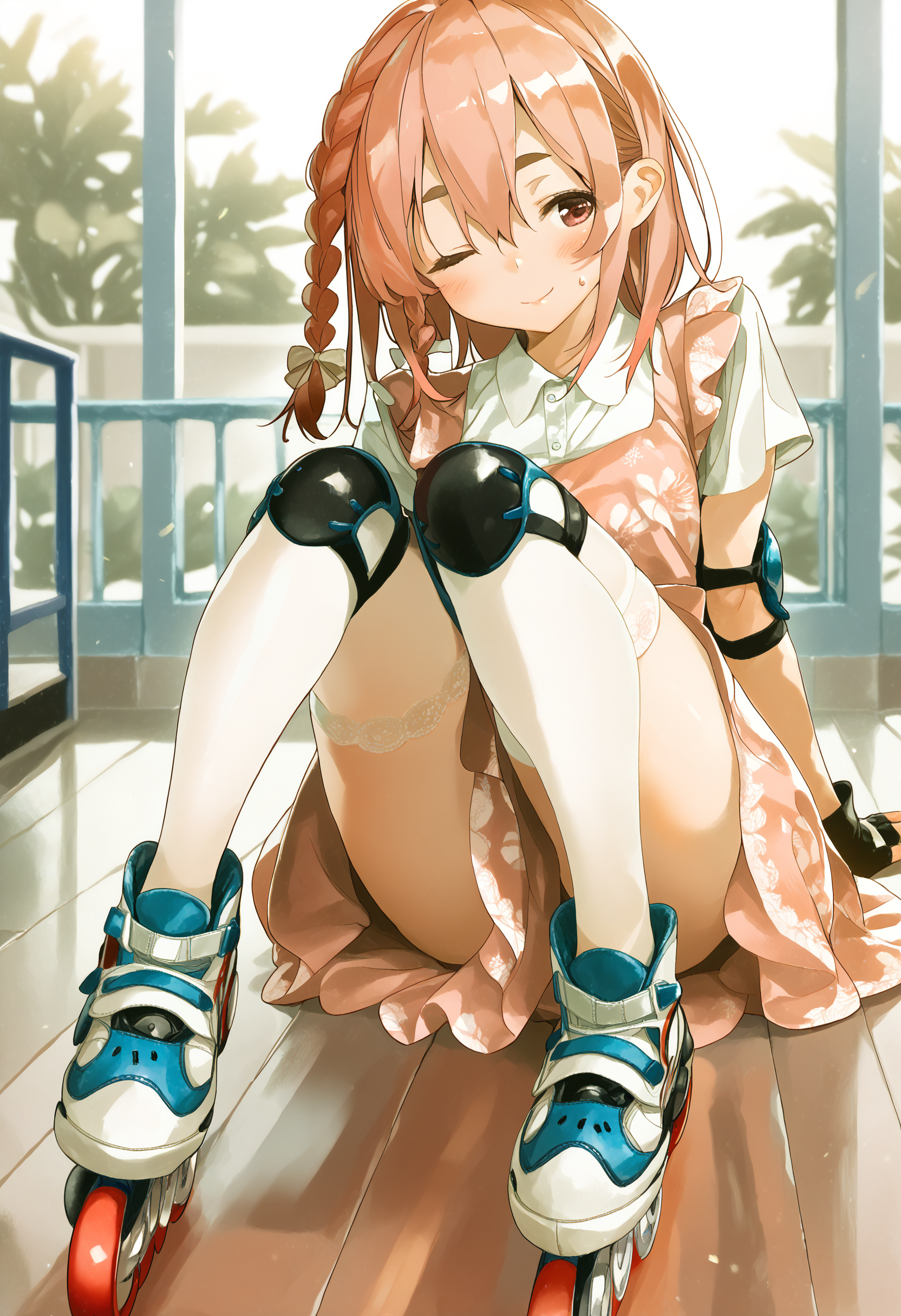 score_9, score_8_up, score_7_up, score_6_up,
by miyajima reiji, sakurasawa sumi, 1girl, skates, solo, roller skates, thighhighs, braid, inline skates, one eye closed, white thighhighs, elbow pads, dress, knee pads, fingerless gloves, sitting, blush, gloves, pink hair, short sleeves, full body, pink dress, food print, shirt, looking at viewer, knees up, white shirt, closed mouth, hair between eyes, single braid, bow, hair bow, convenient leg, side braid, arm support, smile, sweatdrop, half-closed eyes,
skating rink, indoors,
masterpiece, best quality
<lora:kanojookarisimasu_v10:1>
