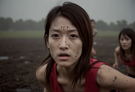 A close-up of a beautiful young female soccer player, with dirt splattered on her face and body, running across a muddy field
, <lora:bv-kordirfoo.safetensors:1.0:1.0>