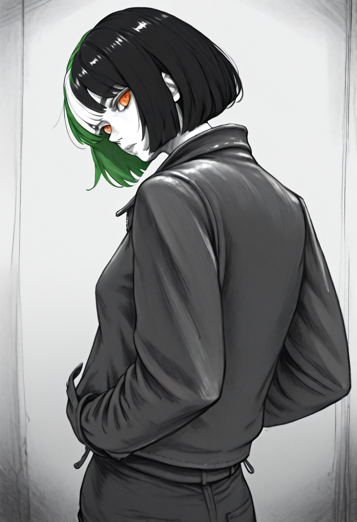 <lora:SketchArt_Epoch_10:1>, greyscale, monochrome, sk3tch, solo, 1girl, look back at viewer, head tilt, hand in pocket, jacket, very awa, masterpiece, best quality, highres, absurdres, <lora:NSMelionPalHairIllu:1>, NSMelionPalHair, green hair, black hair, white hair, multicolored hair, orange eyes, bob cut