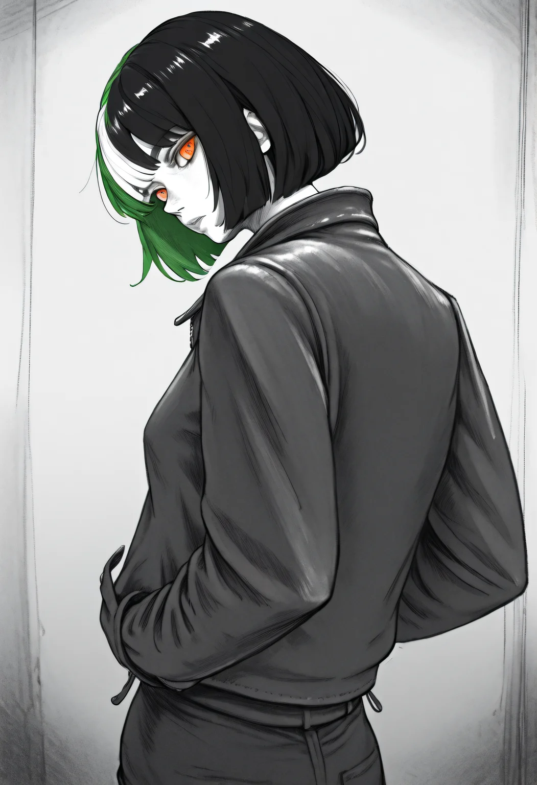 <lora:SketchArt_Epoch_10:1>, greyscale, monochrome, sk3tch, solo, 1girl, look back at viewer, head tilt, hand in pocket, jacket, very awa, masterpiece, best quality, highres, absurdres, <lora:NSMelionPalHairIllu:1>, NSMelionPalHair, green hair, black hair, white hair, multicolored hair, orange eyes, bob cut