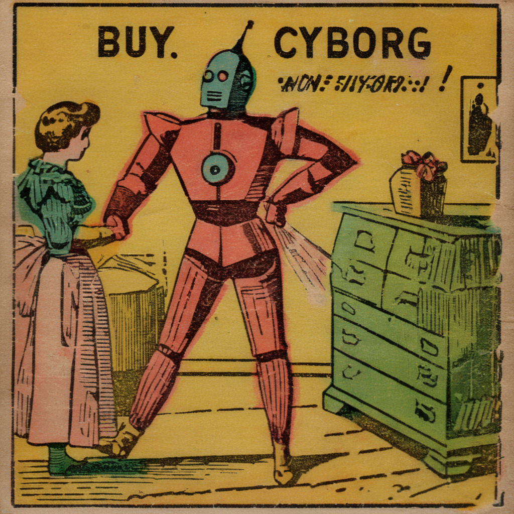 manucolgraf text" Buy Cyborg!", advertising for a home cyborg <lora:manucolgraf:0.8>