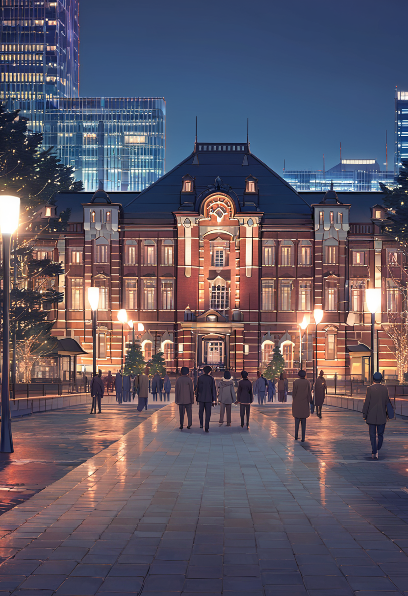 best quality, ultra-detailed, illustration, 
marunouchiekimaehiroba, lamppost, tree, scenery, outdoors, building, sky, clock, city, night, real world location, road, street, window, cityscape, people, 6+boys, pavement
 <lora:marunouchiekimaehiroba_SDXL_V1:1>