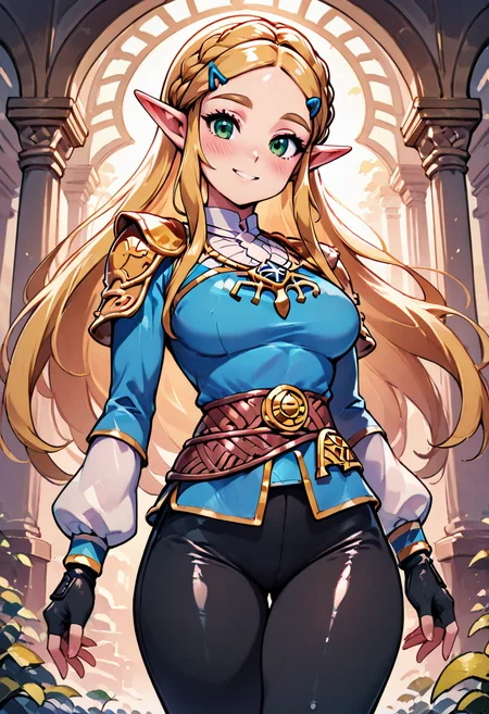score_9, score_8_up, score_8, medium breasts, (curvy), cute, eyelashes, princess zelda, long hair, crown braid, hairclip, pointy ears, blue shirt, long sleeves, fingerless gloves, black gloves, black pants, tight pants, green eyes, solo, looking at viewer, smile, blush, <lora:Vivid:0.8>, embedding:zPDXL,