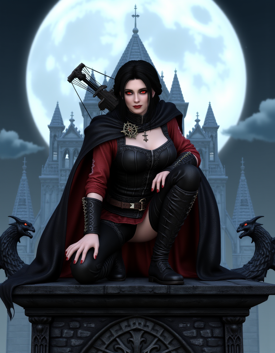 <lora:Serana_4:0.7>, serana, stylized fantasy illustration of a female vampire with pale skin crouching on a gothic cathedral rooftop under the full moon, tight dark leather armor with red accents, short cape flowing behind her, crossbow on her back, eyes glowing softly as she smiles with fangs visible, wind howling, gargoyles framing the edges, dynamic pose, concept art style, <lora:Katarina_Vesela_10:0.6>