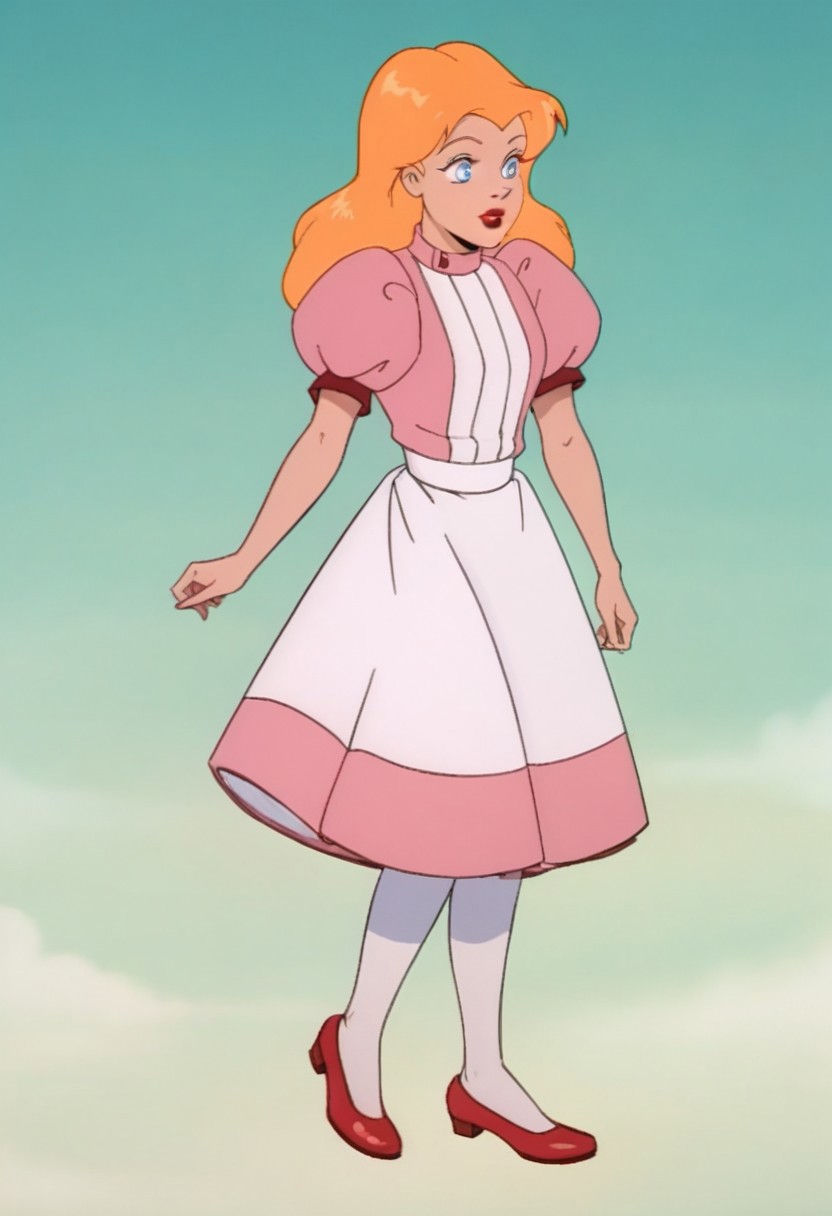score_9_up, score_8_up, score_7_up, 1980s (style), retro artstyle, source_cartoon, rating_safe, solo 
JetLagAlice, 1girl, orange hair, blonde hair, long hair, makeup, lipstick, red lips, blue eyes, puffy sleeves, puffy short sleeves, short sleeves, dress, pink dress, apron, white pantyhose, pantyhose, skirt, shoes, red footwear