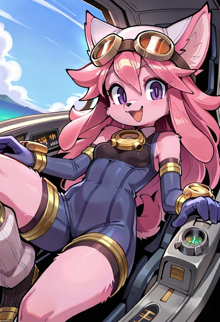 score_9, score_8_up, score_7_up, high resolution, masterpiece, best quality, wamudraws, itsunkownanon,
1girl, solo, dynamic angle, spherical cockpit, riding cockpit, open cockpit, large windshield, sky,
chocolatsr, cute, furry female, dog girl, pink fur, long hair, pink hair, dog tail, purple eyes, animal ears, animal nose, flat-chested, small breasts, shortstack, blue jumpsuit, elbow gloves, white headwear, goggles on headwear, leg warmers, boots, looking at viewer, smile, open mouth, black chest