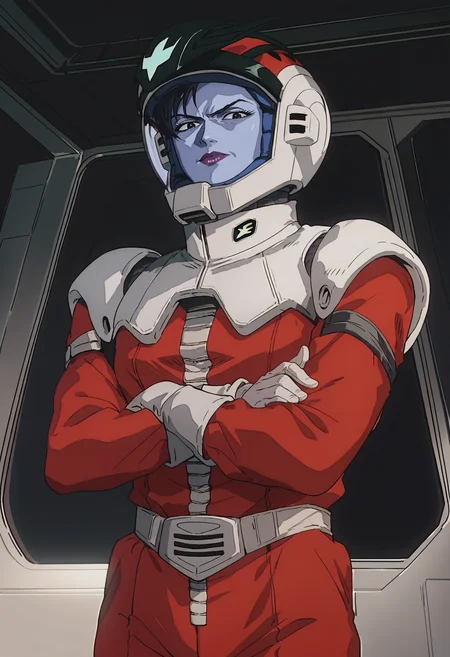 score_9, score_8_up, score_7_up, score_6_up, anime screencap, anime coloring,  <lora:CimaGarahau_epoch_7:0.7>, CimaGarahauP, black hair, black eyes, blue skin, colored skin, purple lips, 
helmet, spacesuit, red shirt, red pants, white gloves,
looking at viewer, crossed arms, cowboy shot,